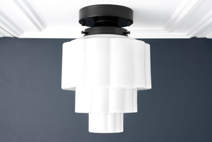 Geotower Glass Brass Ceiling Light – Art Deco Ribbed Globe Flush Mount