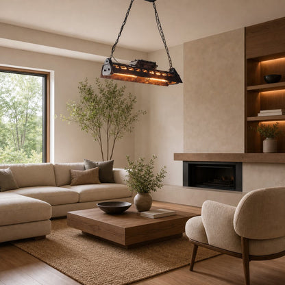 Industrax Steampunk  Linear Chandelier - Vintage Metal Frame Lighting for Dining or Living Room