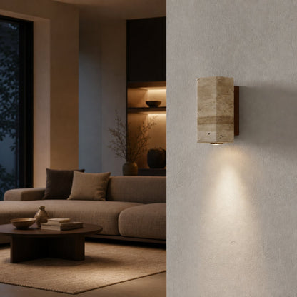 Slivara Natural Stone Backplate with Warm Amber Shade - Vintage Modern Slivara Wall Sconce for Living Room