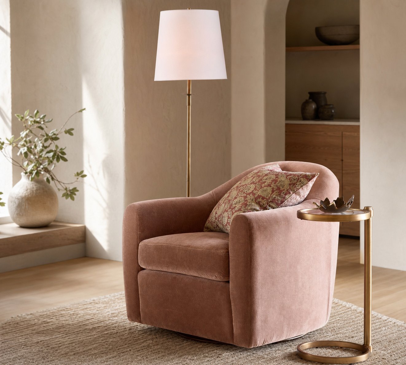 Rowan Schlanke Articulating Floor Lamp mit Leinenlampenschirm für fokussiertes Licht