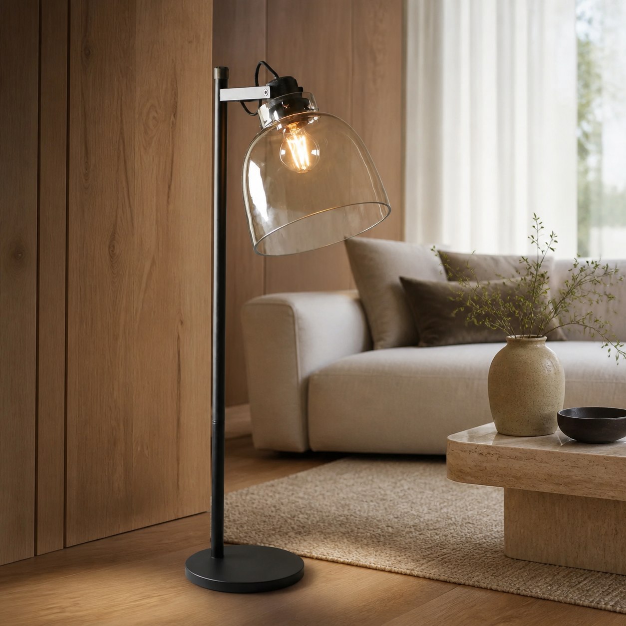 Readium Industrial Floor Lamp - Adjustable Glass Head Metal Base for Living Room and Bedroom
