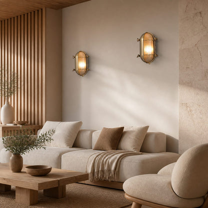 Ivoran Bulkhead Wall Sconce - Brass Caged Glass Vintage Industrial Light for Outdoor and Bathroom