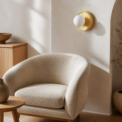 Solna Round Glass Wall Sconce with Ceramic Base—Minimalist Lighting for Bedroom or Hallway