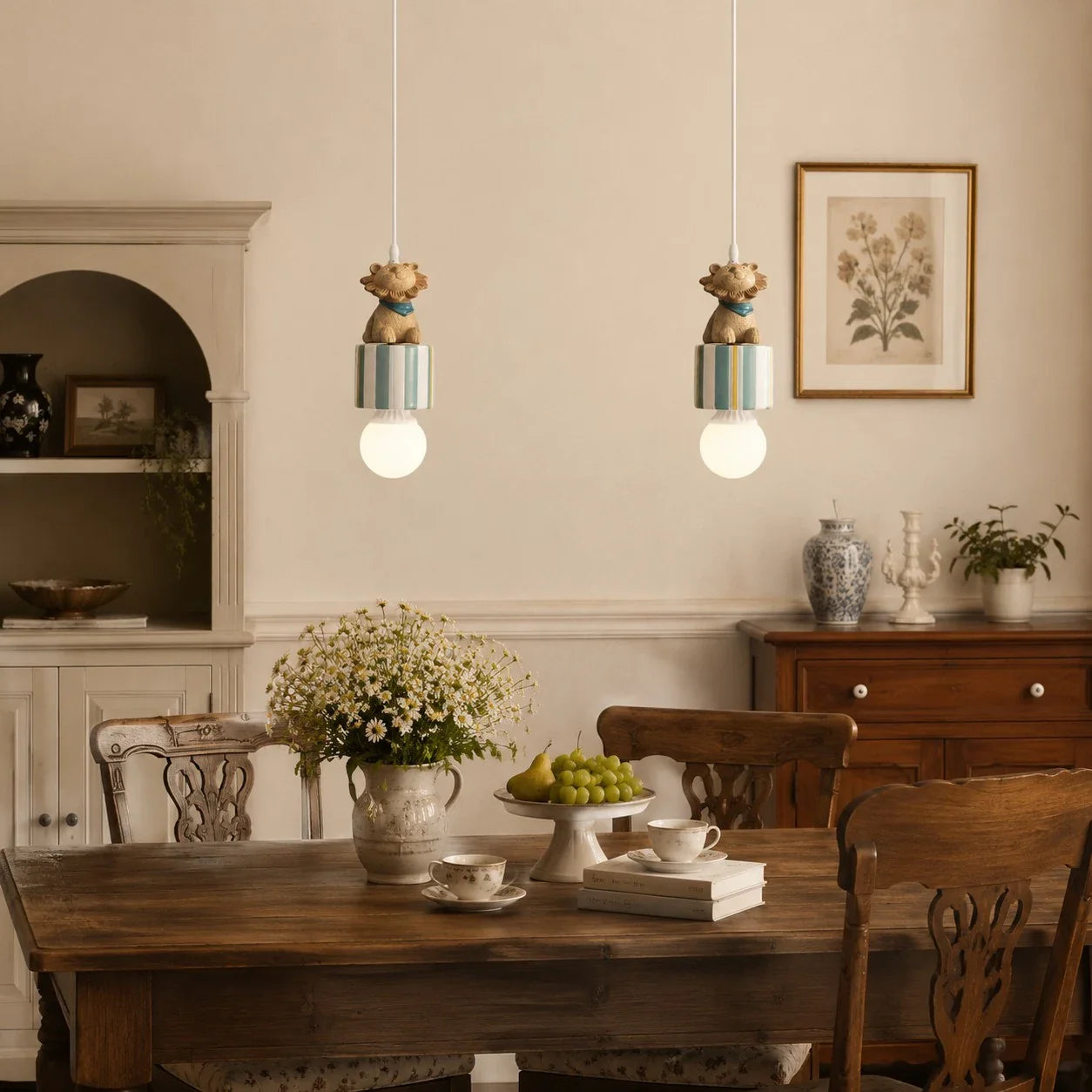 Animal gift box pendant lamps above a dining table