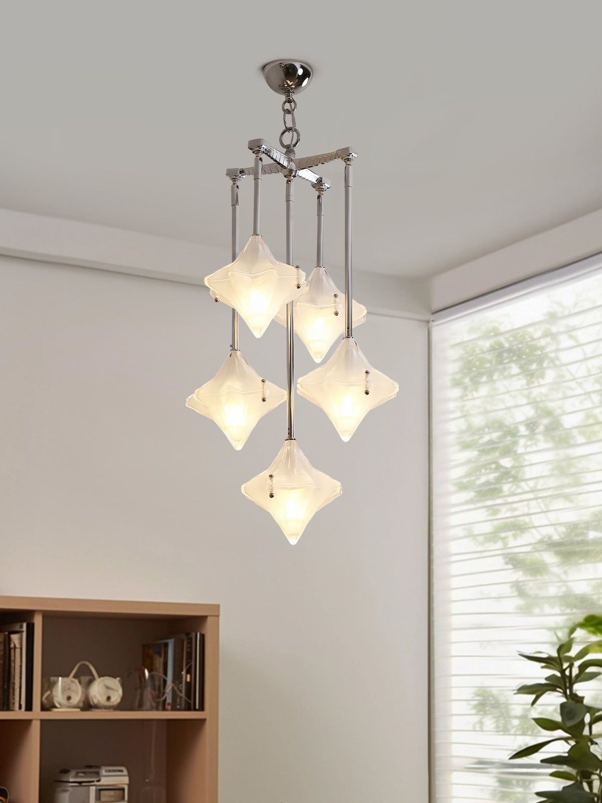 Art Deco Astris Star Chandelier – Frosted Glass Deco Fixture for Dining Room