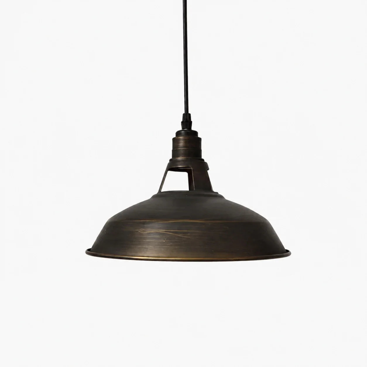 Antique brass wide metal pendant lamp on white background