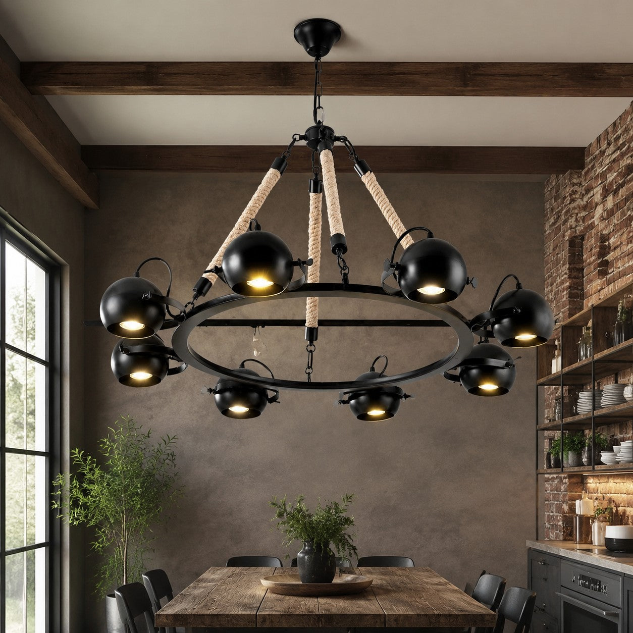 Industrial Rope Chandelier with Adjustable Rounded Heads