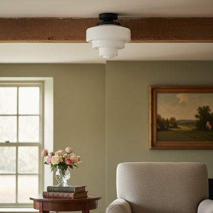 Geotower Glass Brass Ceiling Lamp – Handblown Opal Glass Globe Light