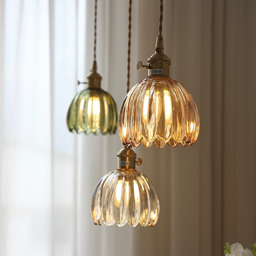 Japanische Retro-Pendelleuchte mit Glasblumen