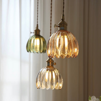 Japanische Retro-Pendelleuchte mit Glasblumen