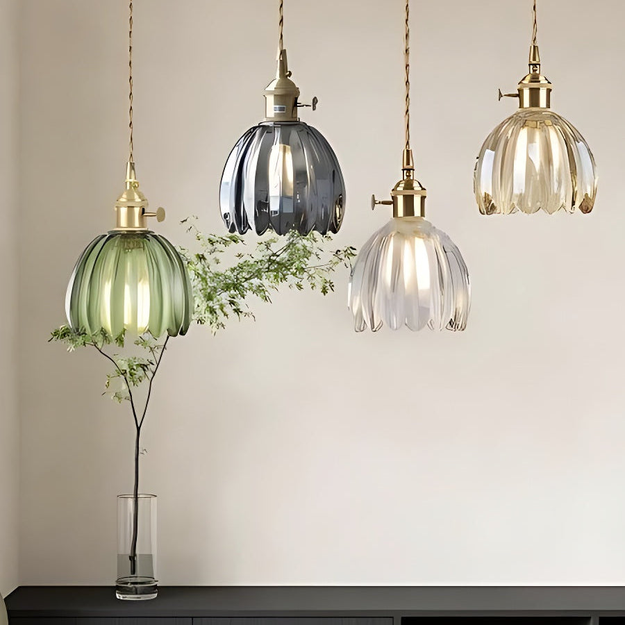 Japanische Retro-Pendelleuchte mit Glasblumen