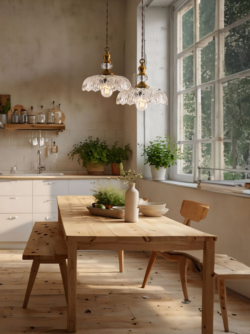 Vintage Messing Klarglas Blume Pendelleuchte für Kücheninsel