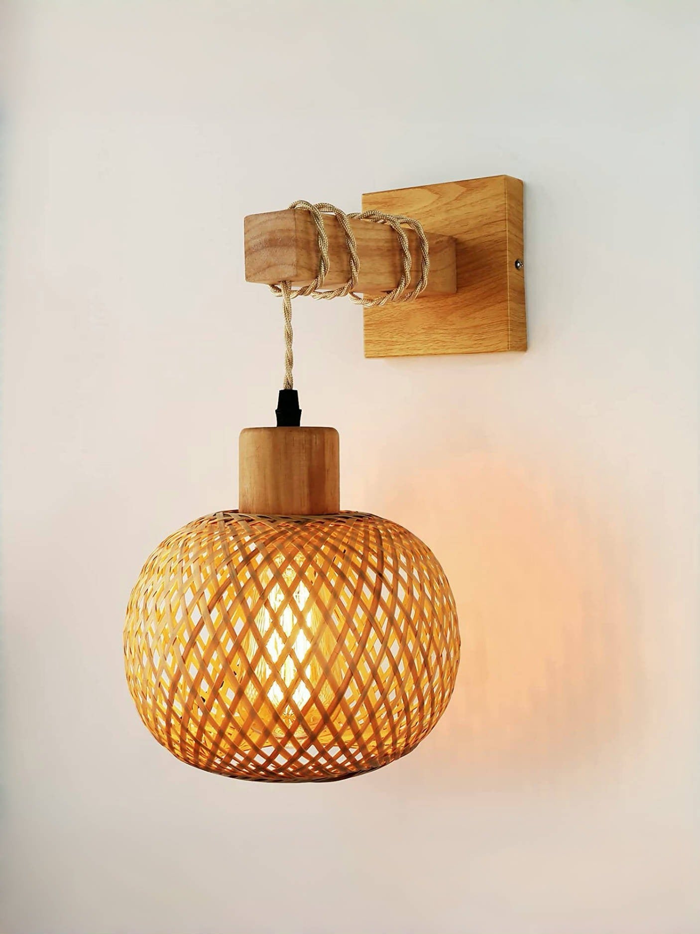 Japanische Vintage Bambus Holz Wandleuchte