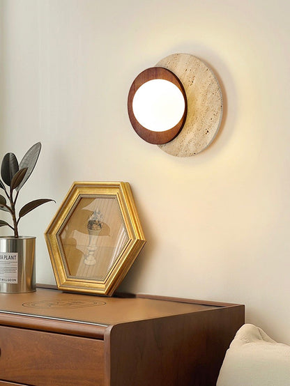 Wabi Sabi Style Travertine Wood Round Wall Lamp