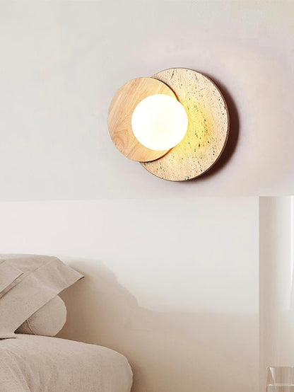 Wabi Sabi Style Travertine Wood Round Wall Lamp