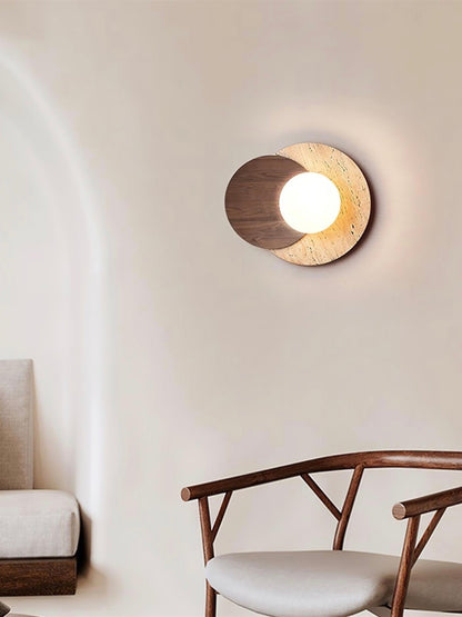 Wabi Sabi Style Travertine Wood Round Wall Lamp