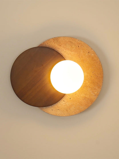 Wabi Sabi Style Travertine Wood Round Wall Lamp