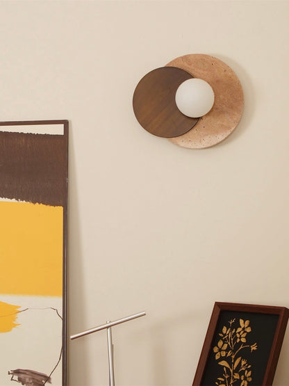 Wabi Sabi Style Travertine Wood Round Wall Lamp