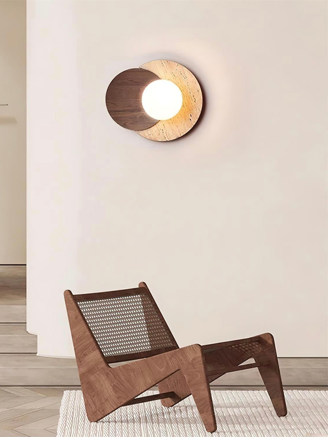Wabi Sabi Style Travertine Wood Round Wall Lamp