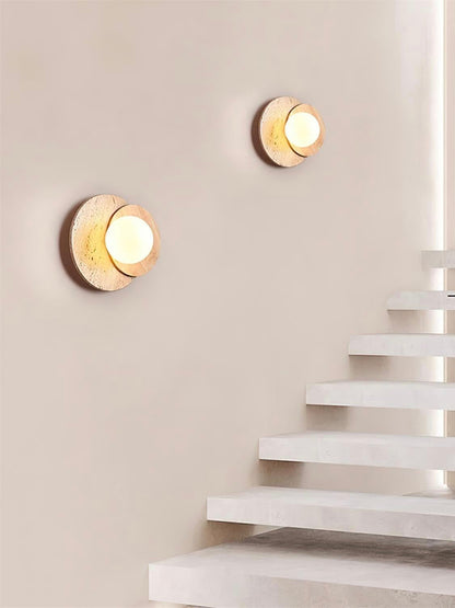 Wabi Sabi Style Travertine Wood Round Wall Lamp
