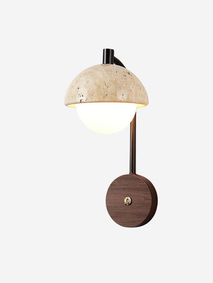 Wandleuchte aus Travertin im Wabi Sabi Stil mit Halbkugel Design für Wohnzimmer und Schlafzimmer