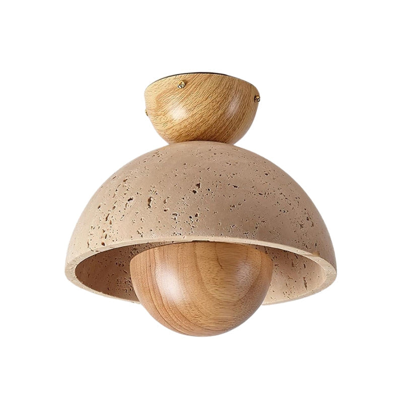 Halbkugel-Deckenleuchte aus Travertin und Holz im Wabi-Sabi-Stil