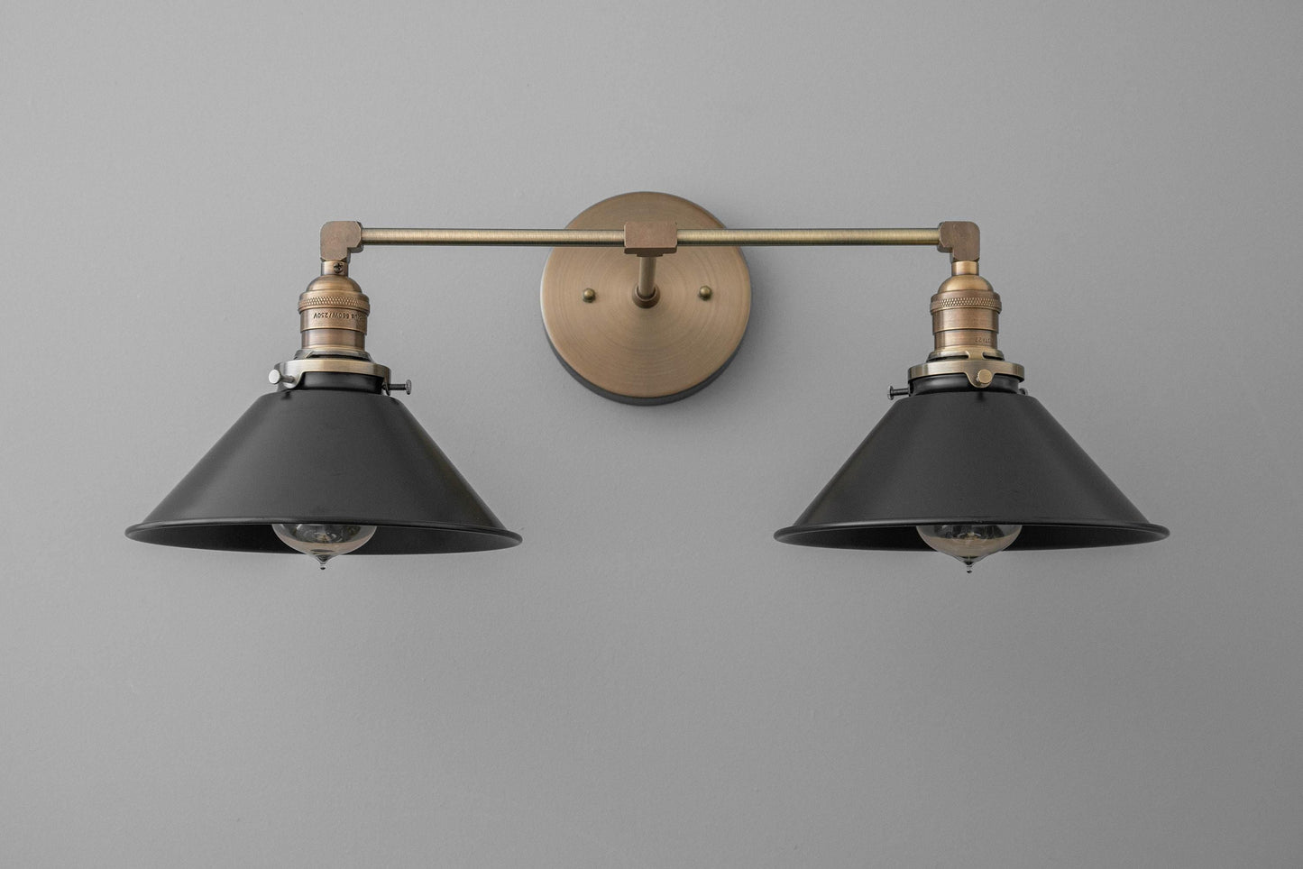 Conique Metal Dual Black Sconce with Cone Shades - Industrial Vanity Wall Light for Mirror
