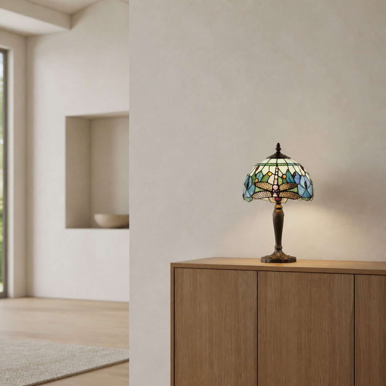 TF Dragonfly Hand-Cut Table Lamp – Vintage Stained Glass for Bedroom or Living Room