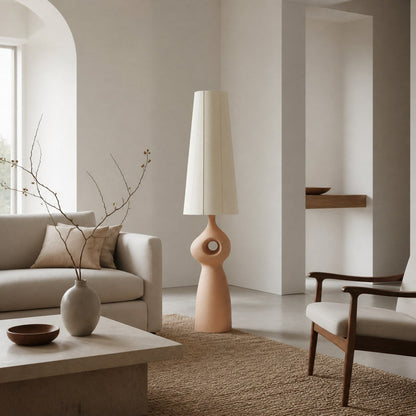Pryssa Sculptural Ceramic Floor Lamp - Ivory Linen Shade for Living Room Accent
