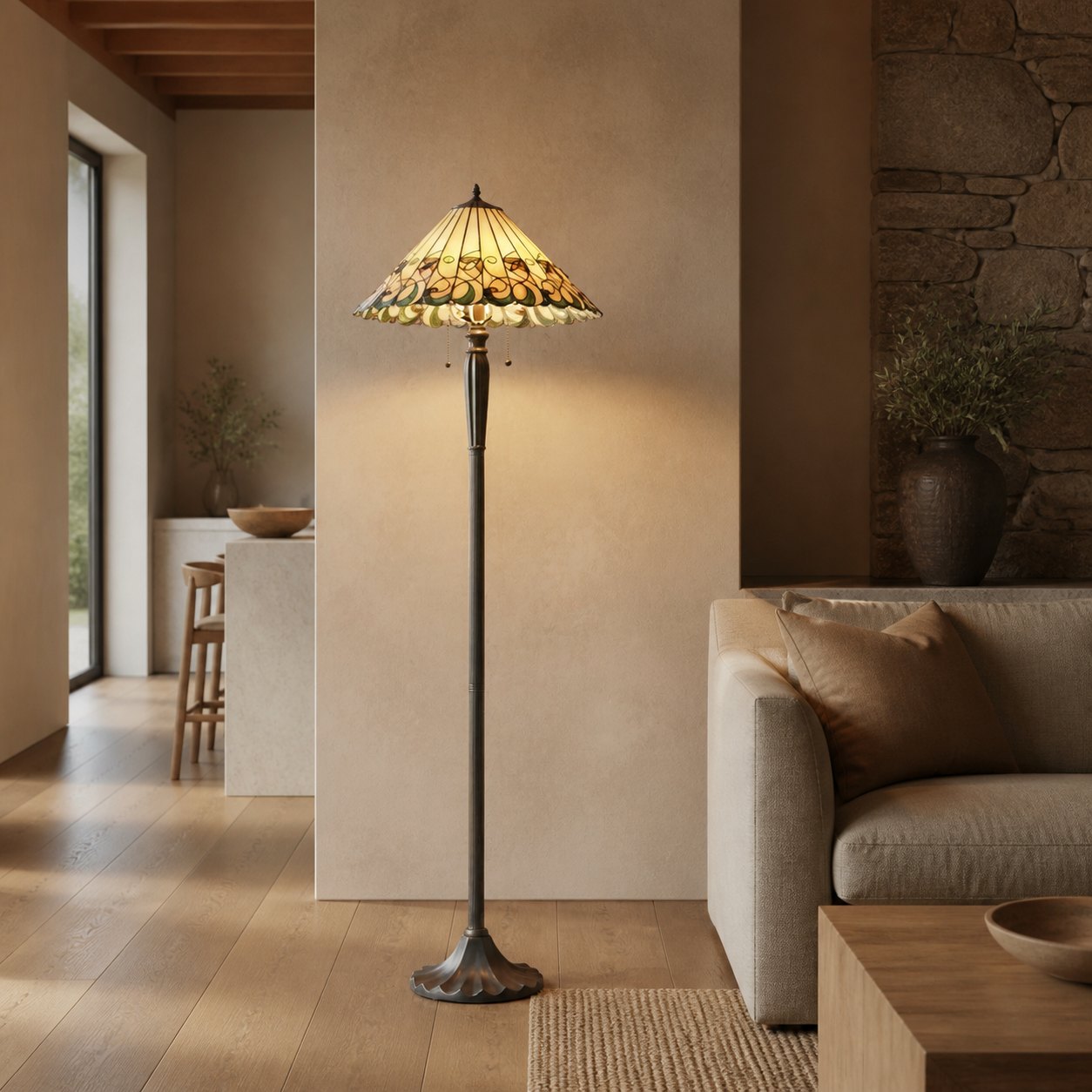 TF Jamelia Stehlampe aus Buntglas – Dekorative Stehlampe mit juwelenfarbenem Mosaikschirm und Metallsäule, ideal für Leseecken