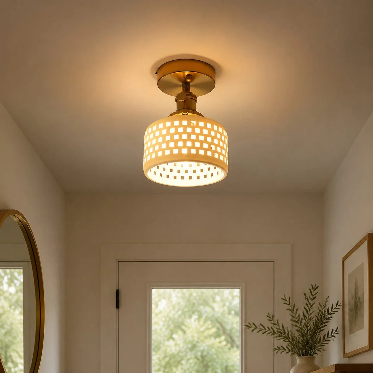 Grid ceramic ceiling light mounted in an entryway