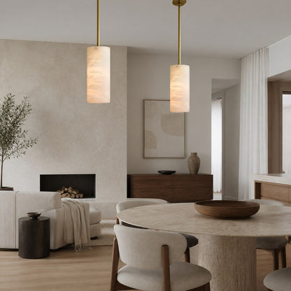 Hand Carved Alabaster Cylinder Pendant Light