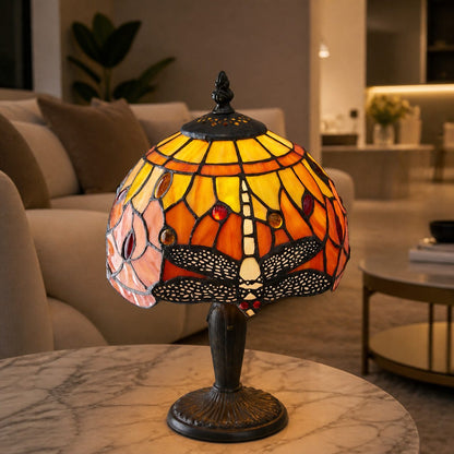 TF Dragonfly Hand-Cut Table Lamp – Vintage Stained Glass for Bedroom or Living Room