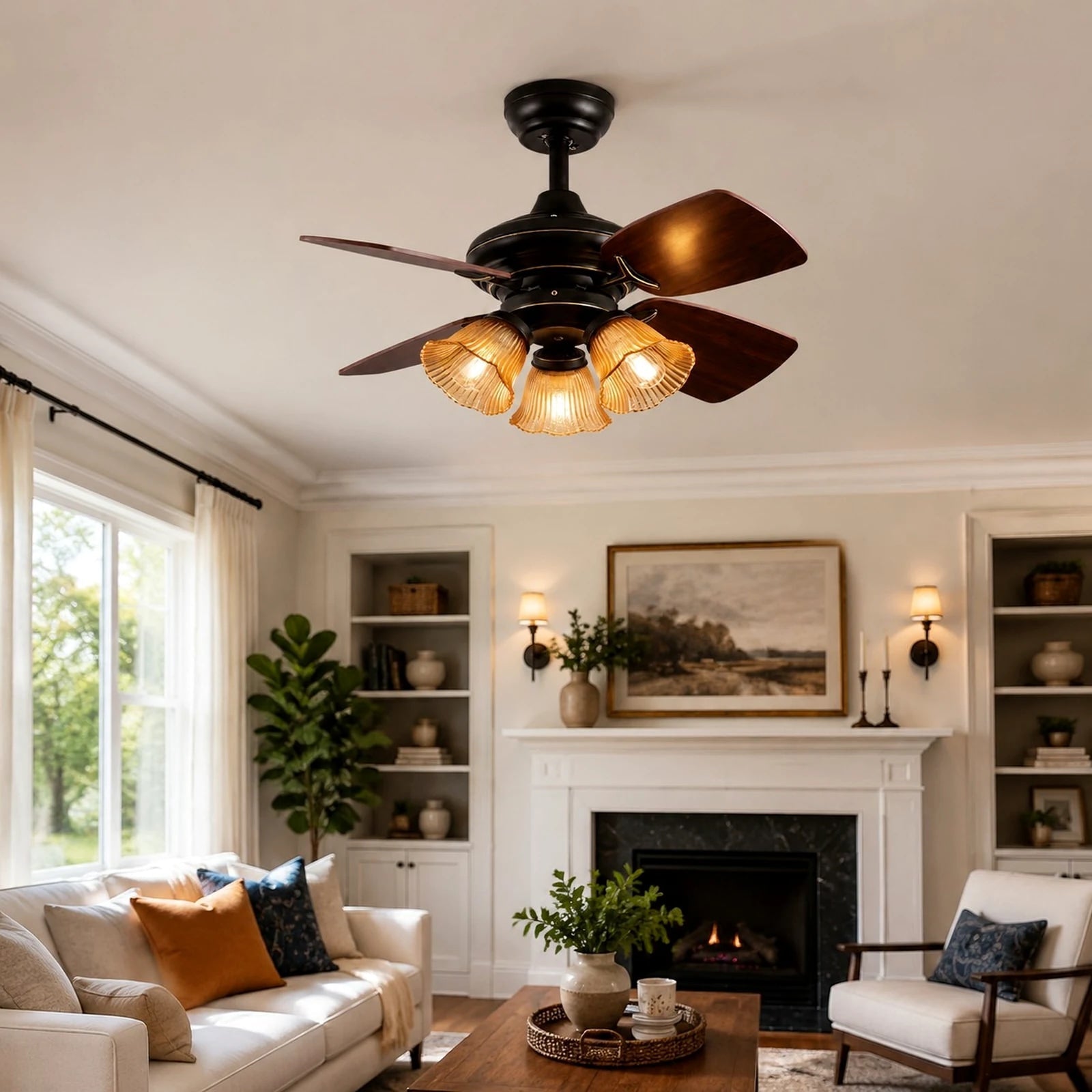 Black amber glass ceiling fan light installed in a living room