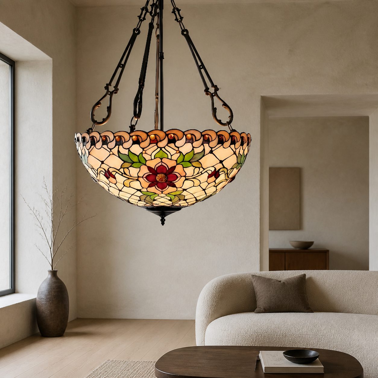 TF Dragonfly Beige Tiffany-Pendelleuchte – Elegante Buntglasleuchte für Esszimmer und Schlafzimmer