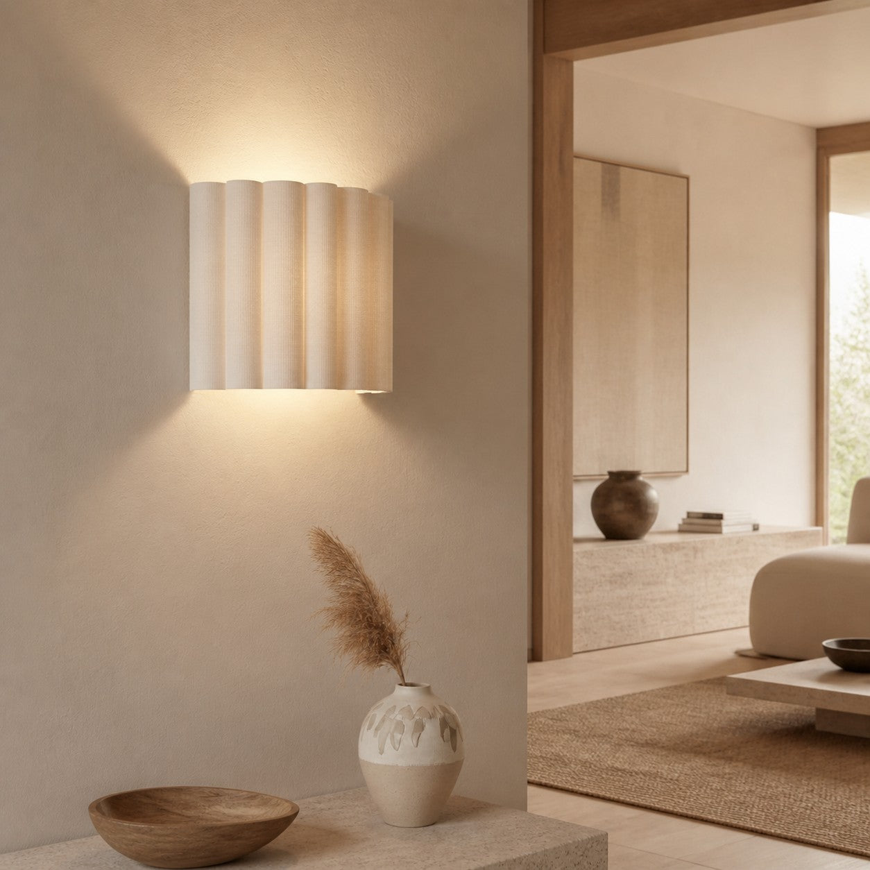 Velura Wandleuchte mit Leinenfalte – Sanftes, plissiertes Stoffdesign für Schlafzimmer oder Flur