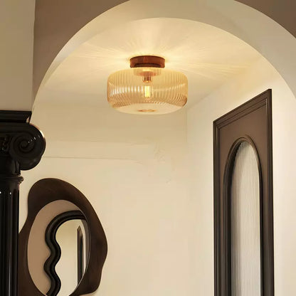 Amberflow Retro Amber Fluted Glass Ceiling Light – Round Flush Mount for Hallways and Entryways