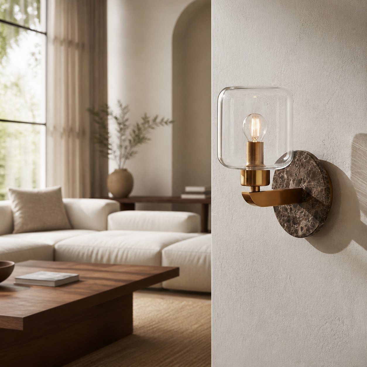 Korlisse Modern Marble Wall Light - Vintage Brass & Clear Glass Accent for Living Room and Hallway