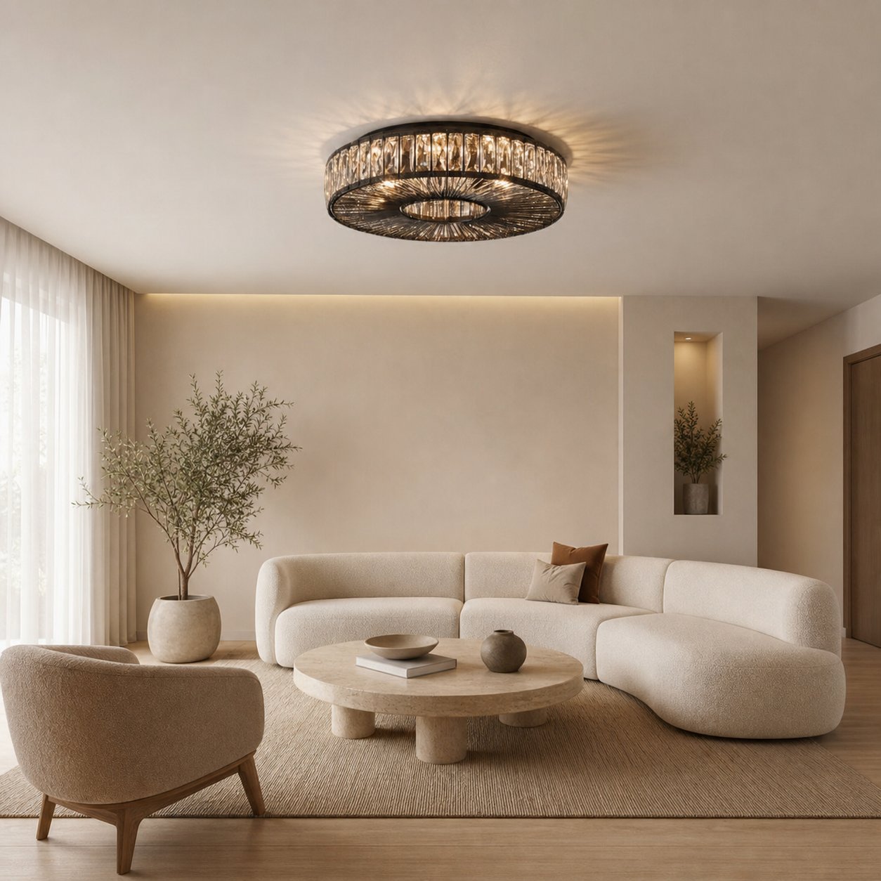 Glomar Glass Round Flush Ceiling Light - Modern Metal Glass Finish Living Areas
