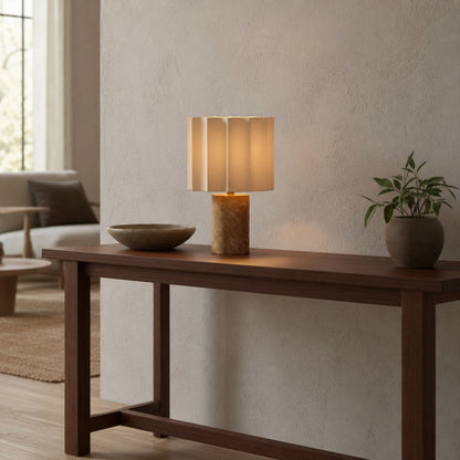 Cavilon Table Lamp with Fan-Shaped Linen Shade - Stone Finishes Suitable for Living Rooms