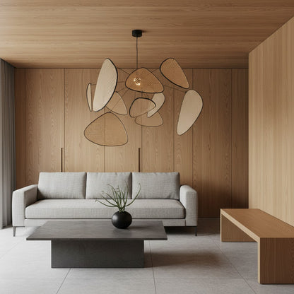 Rivana Modern Woven Rattan Chandelier – Metal Bamboo Pendant Light for Kitchens and Lounges N41