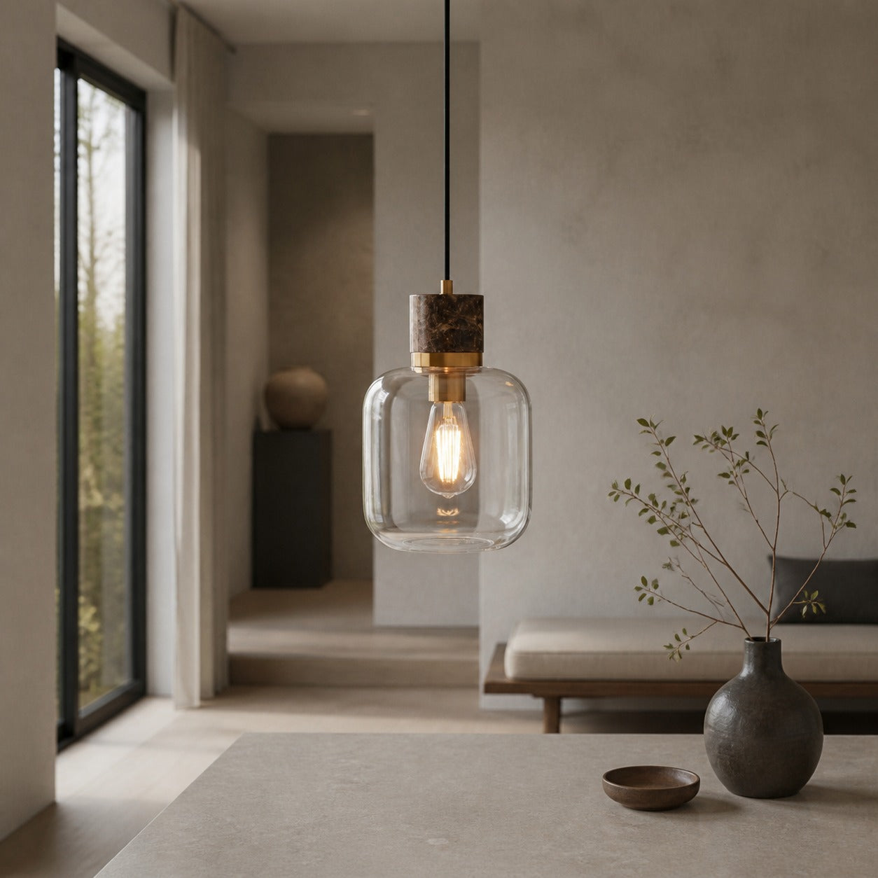 Korlisse Pendelleuchte aus Naturstein und Glas – Stilvolle Lampe für Wohnzimmer oder Lounge
