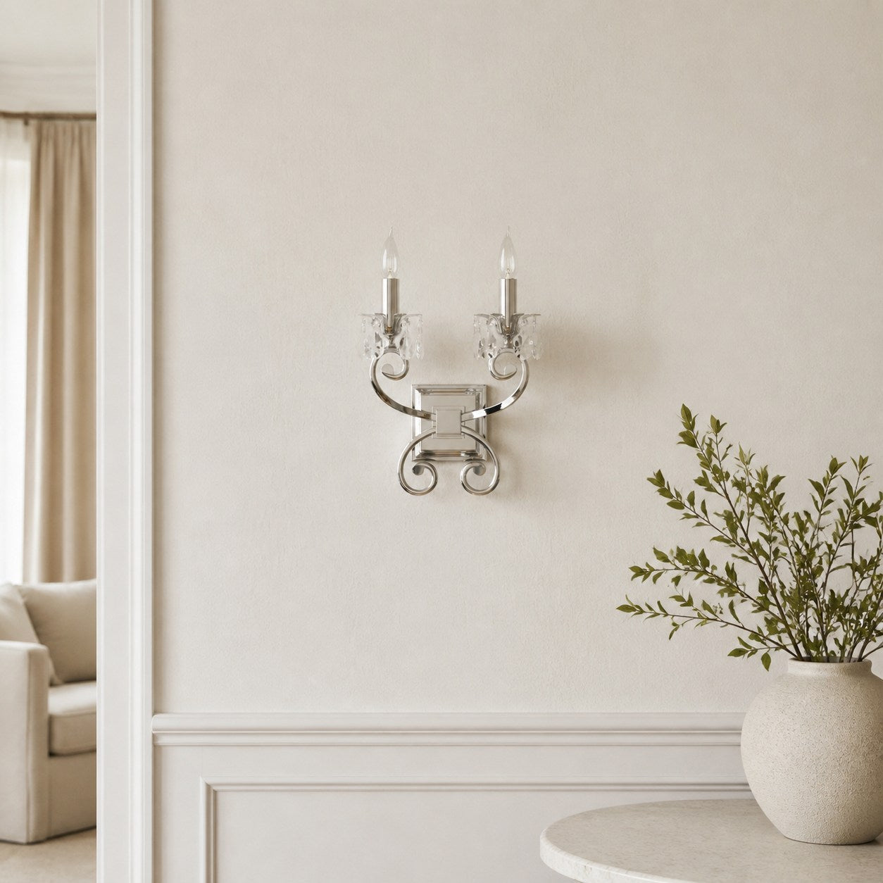 Talonis Crystal Accent Wall Light – Curved Chrome Arm Design for Living and Hallway Spaces
