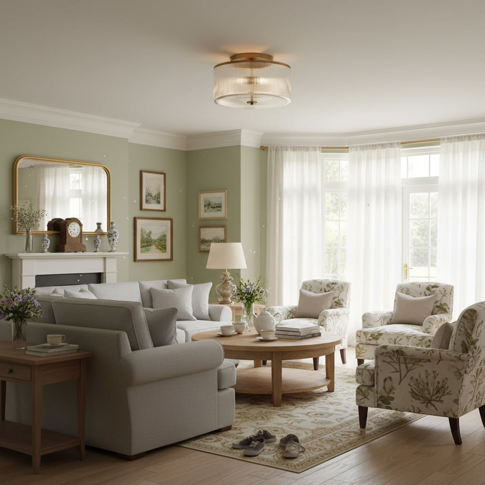 Drum Ribbed Glass Ceiling Lamp - Vintage Farmhouse Flush Mount