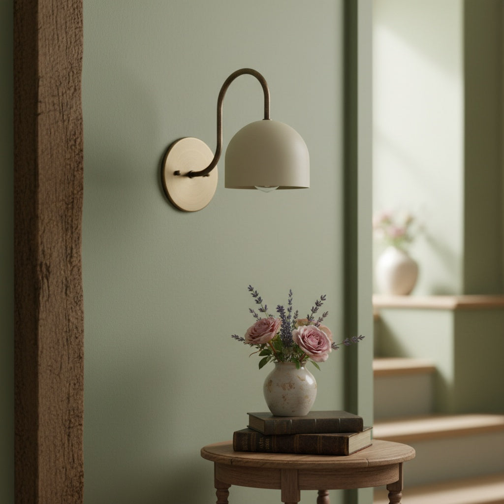 Curva Metal  Industrial Wall Sconce - Curved Brass Arm - Hammered Dome Light Fixture