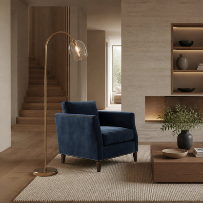 Brazara Adjustable Glass Shade Floor Lamp – Curved Metal Stem for Living Spaces