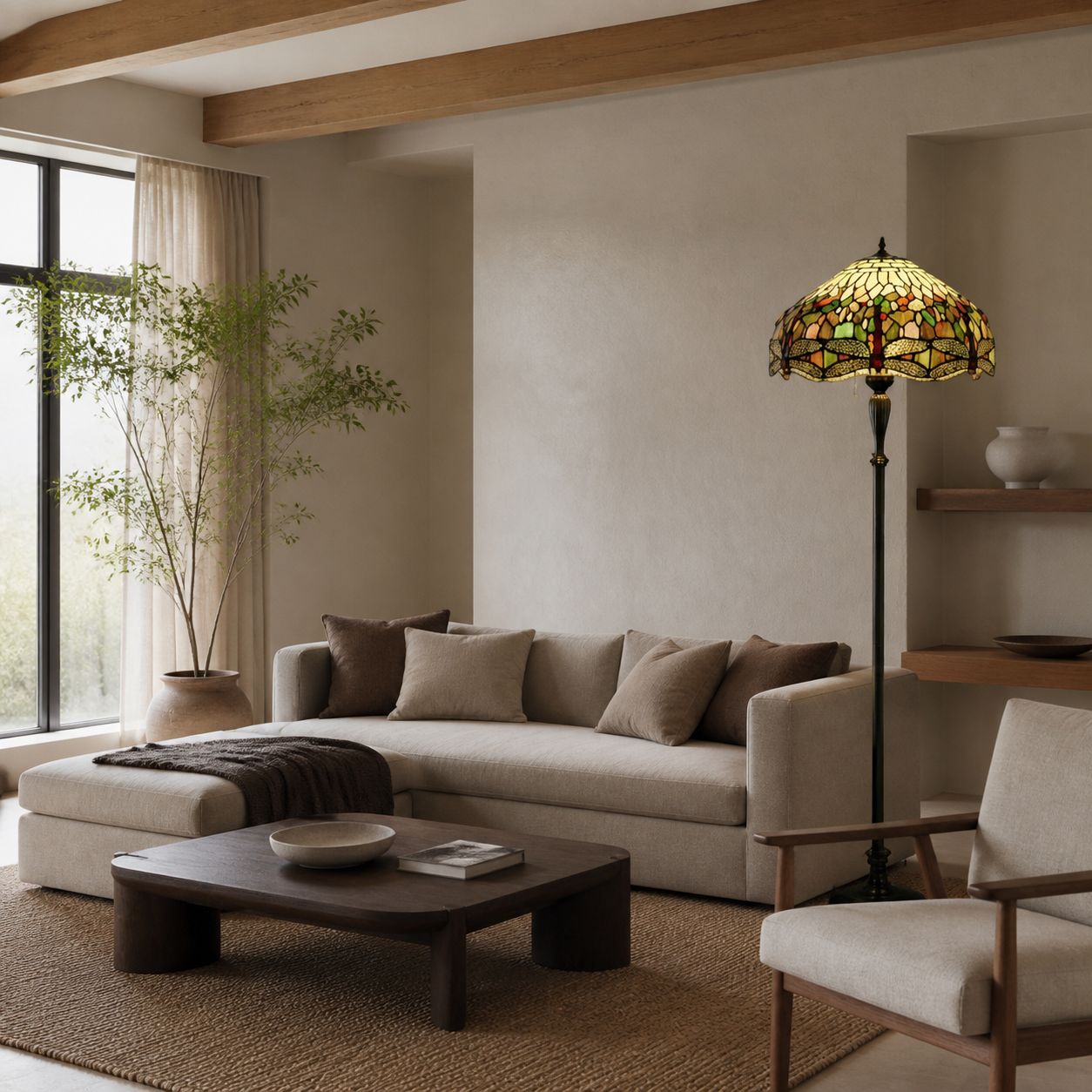 TF Dragonfly Motif Floor Lamp – Vintage Stained-Glass for Living Rooms