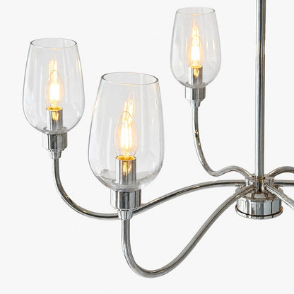 Clarione Art Deco 6-flammiger linearer Kronleuchter mit mundgeblasenen Glasschirmen für die Küche