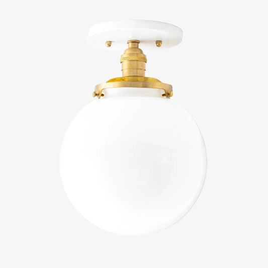 Glorica Glass Mid Century Semi Flush Ceiling Light - White Opal Glass Globe Fixture