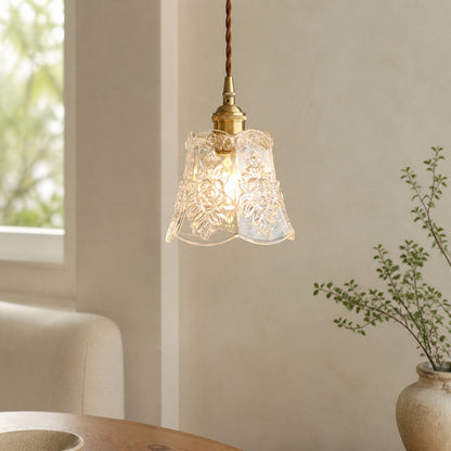 Traditional Japanese Brass Walnut Glass Ceramic Cylinder Conic Flower Bowl 1-Light Pendant Light For Dining Room